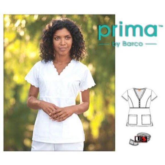 Prima™ by Barco 41329 Women's 2-Pocket Scalloped V-Neck Scrub Top White - Picture 1 of 1